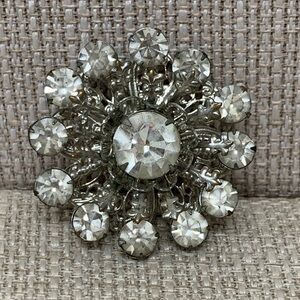 Sparkly Vintage Silver White Crystal Bling Starburst Brooch